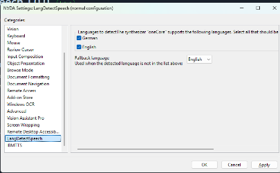 LangDetectSpeech settings panel in NVDA